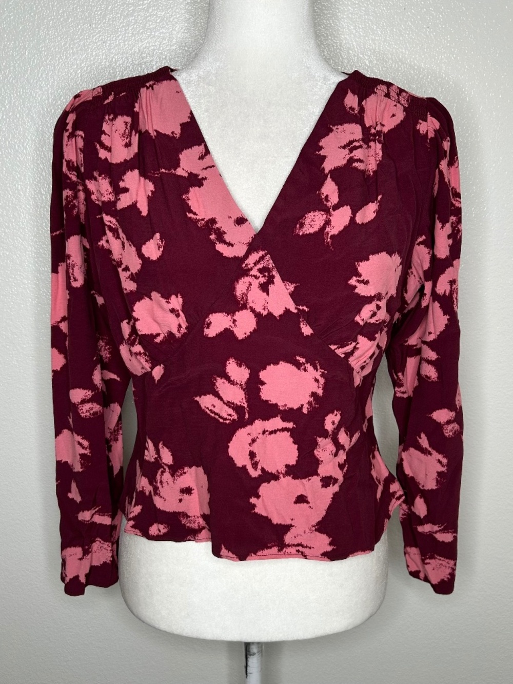 LOFT Womens Burgundy Patterned V-Neck Long Sleeve Top Blouse Size 2